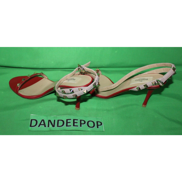 Valentino Garavani Gold Rockstud Red Calfskin Leather Sandal Heels Size 37 - Picture 6 of 11
